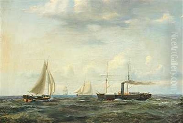 Livlig Trafik I Sundet, I Baggrunden Kronborg Oil Painting by Carl Julius Emil Olsen