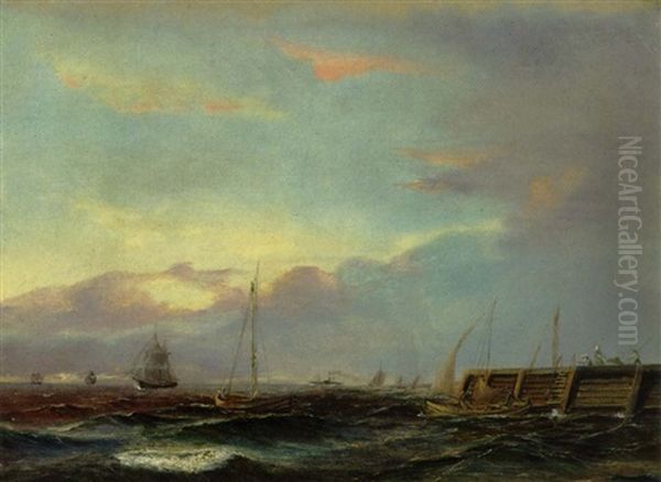 Sejlskibe Pa Havet Ved Et Havneindlob Oil Painting by Carl Julius Emil Olsen