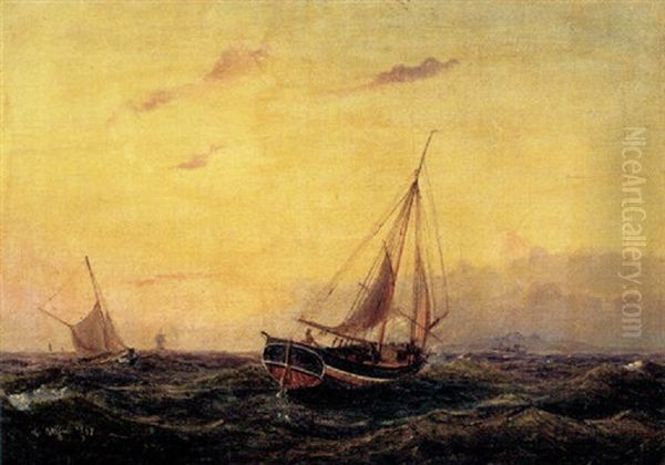 Sejlskibe Pa Havet Oil Painting by Carl Julius Emil Olsen