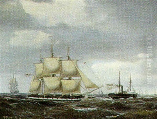 Marine Med Damp- Og Sejlskibe Pa Havet Oil Painting by Carl Julius Emil Olsen