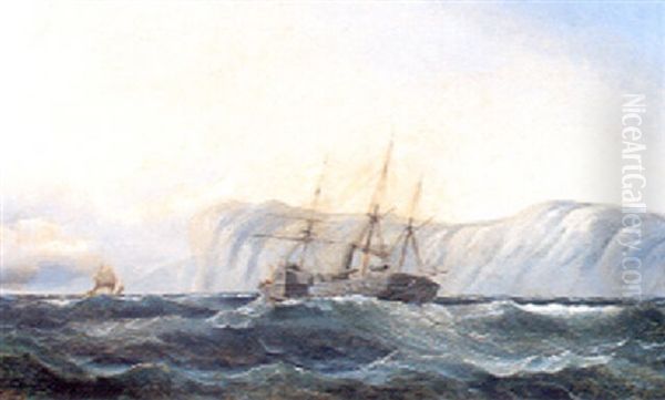 Marine, Skibe Pa Havet Udfor Kyst Oil Painting by Carl Julius Emil Olsen