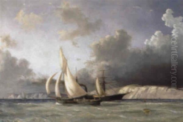 Marine Med Sejlskibe Udfor Klippekyst Oil Painting by Carl Julius Emil Olsen