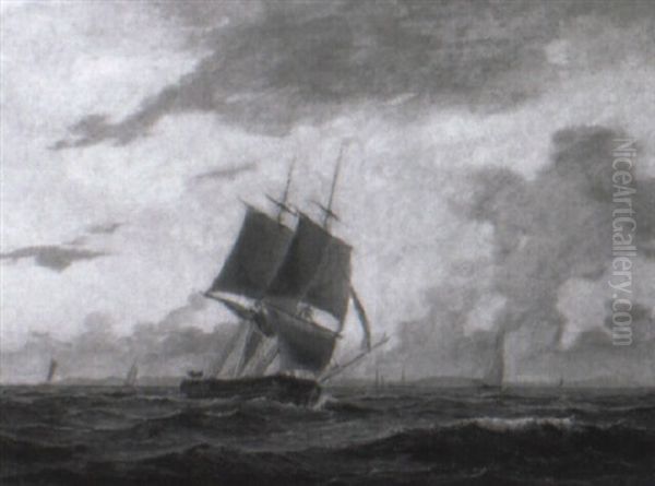 Marine Med Sejlskibe Oil Painting by Carl Julius Emil Olsen