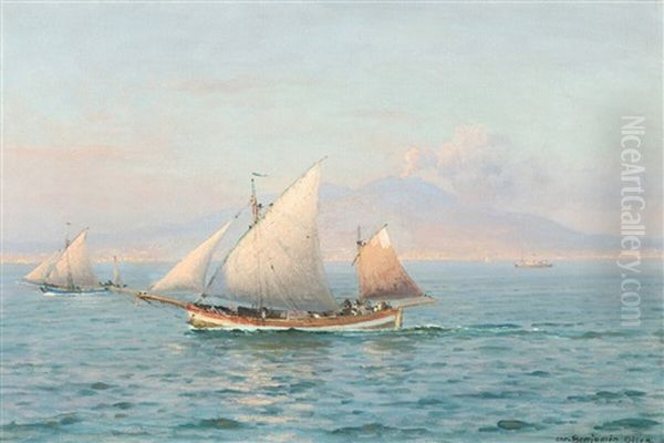 Ships At Sea With The Smoking Vesuv In The Background Oil Painting by Christian Benjamin Olsen