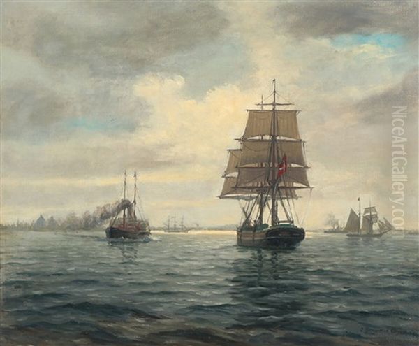 Seascape With Danish Sailing Ships Oil Painting by Christian Benjamin Olsen