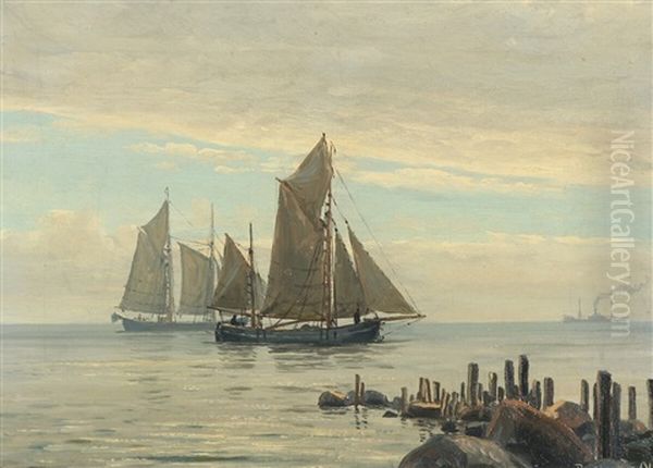 Sailing Ships Near The Coast Oil Painting by Christian Benjamin Olsen