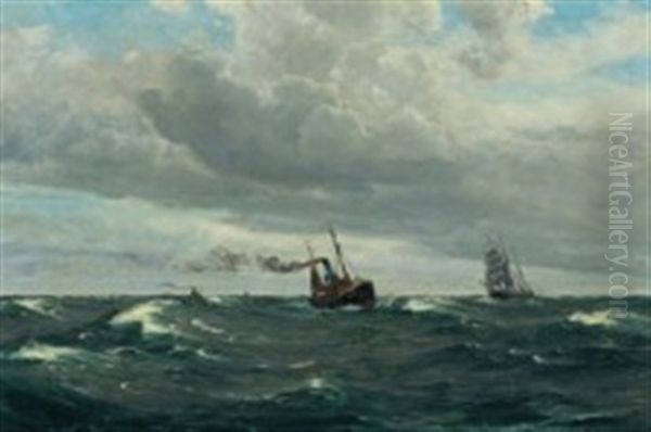 Marine With Sail Ship And Steam Boats Oil Painting by Christian Benjamin Olsen