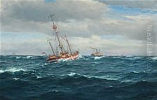 Seascape With The Lightship Skagens Rev Oil Painting by Christian Benjamin Olsen