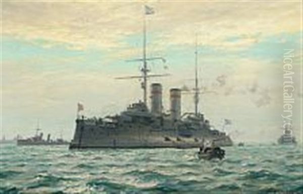 Seascape With The Russian Battleship Tsesarevich Oil Painting by Christian Benjamin Olsen