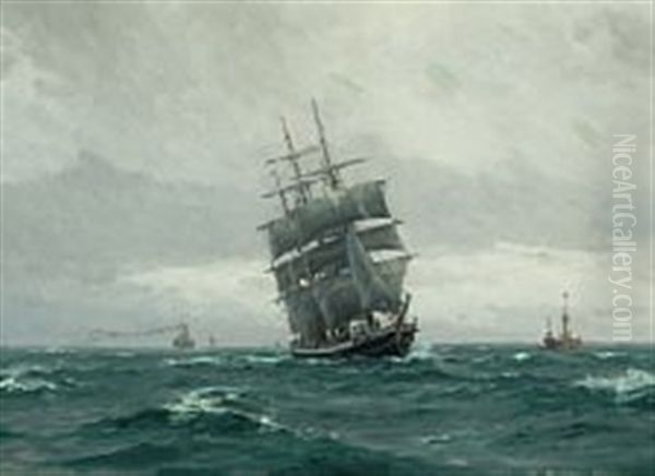 A Three-masted Sailing Ship Passes A Lightship To The Port Oil Painting by Christian Benjamin Olsen