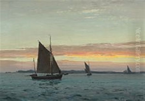 Seascape With Sailing Ships At Sunset Oil Painting by Christian Benjamin Olsen