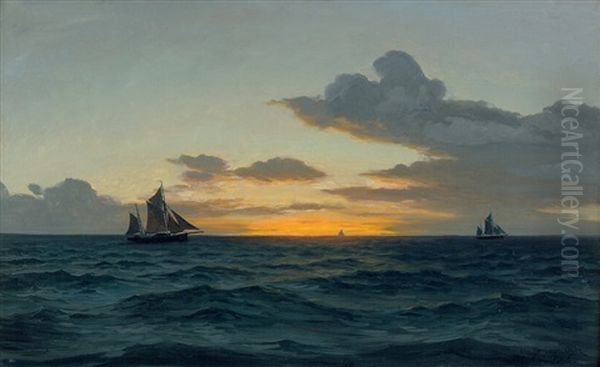 Segelschiffe Auf Dem Meer Bei Sonnenaufgang Oil Painting by Christian Benjamin Olsen