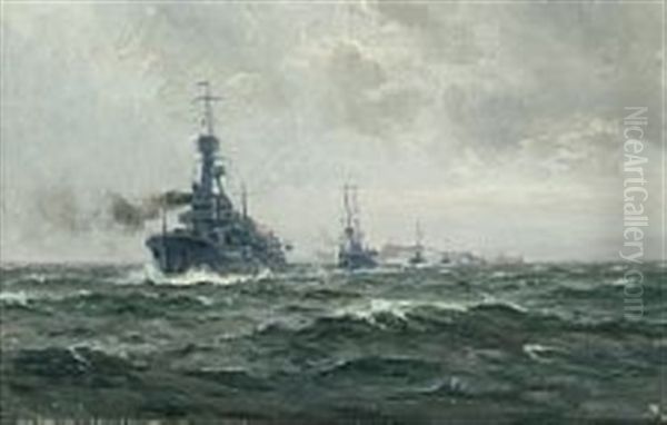 Seascape With Naval Fleet Oil Painting by Christian Benjamin Olsen