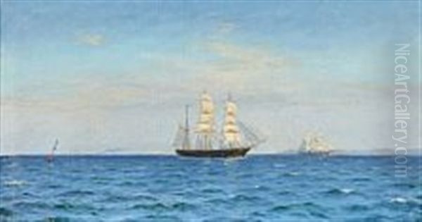 Ships Sailing Open Sea Oil Painting by Christian Benjamin Olsen