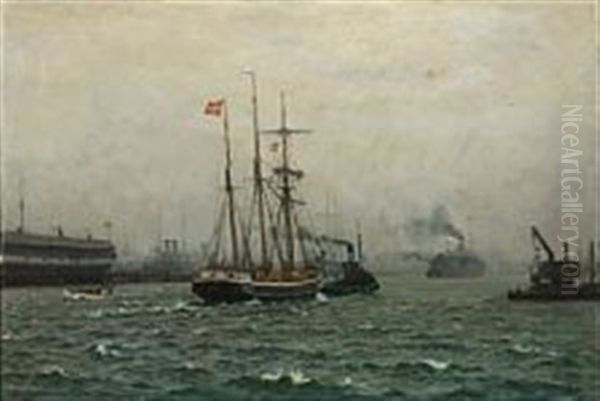 Plenty Of Ships Near Copenhagen Habour Oil Painting by Christian Benjamin Olsen