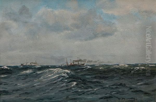 Steamships In Choppy Sea Oil Painting by Christian Benjamin Olsen