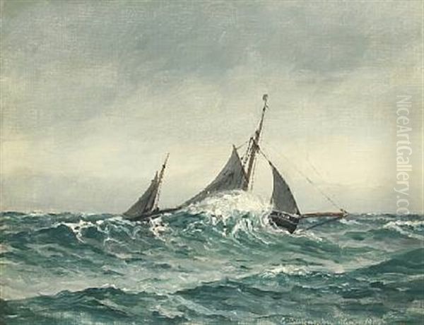 Seascape With Sailing Ships In High Seas Oil Painting by Christian Benjamin Olsen