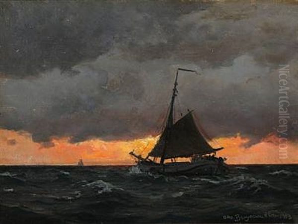 Fishing Boat At Sunset Oil Painting by Christian Benjamin Olsen