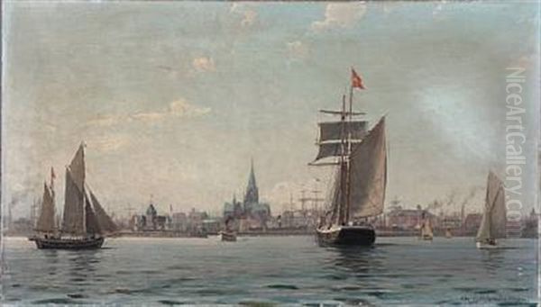 View Of The Old Port Of Aarhus Oil Painting by Christian Benjamin Olsen