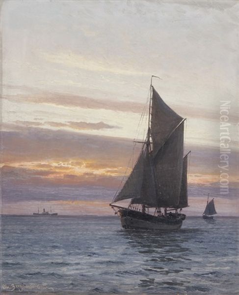 Segelschiffe Im Abendrot Oil Painting by Christian Benjamin Olsen