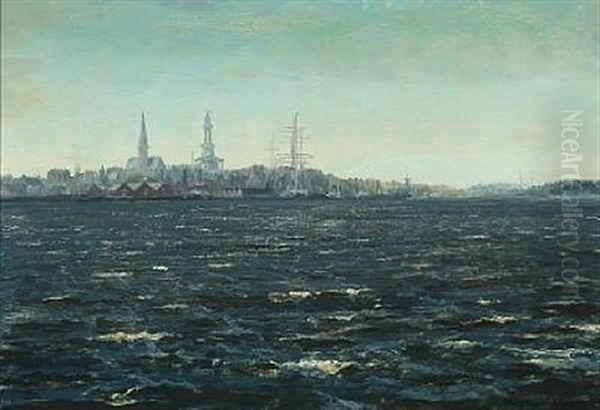 A Marine With A View Towards City, Presumably Bergen Oil Painting by Christian Benjamin Olsen