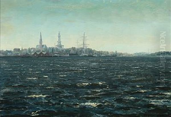 A Marine With A View Towards Bergen Oil Painting by Christian Benjamin Olsen