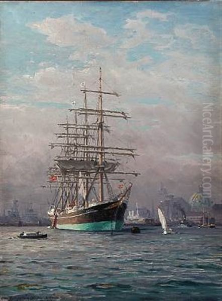 The Danish Training Ship Kobenhavn In Copenhagen Harbour Oil Painting by Christian Benjamin Olsen