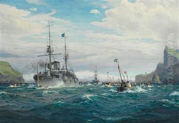 Fiskerflaaden Fra Vestmanoerne Hilser Kongeskibet Valkyrien 25. Juni 1921 Oil Painting by Christian Benjamin Olsen