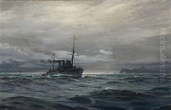 Seascape With A Warship Passing A Rocky Coast Oil Painting by Christian Benjamin Olsen