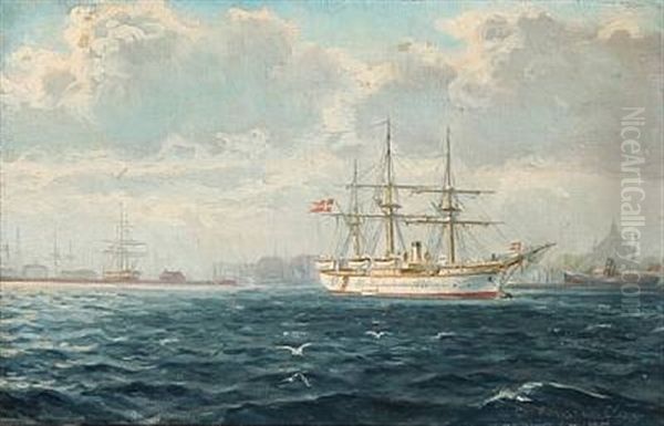 Harbour Scene From Copenahgen With The Royal Yacht Dannebrog Oil Painting by Christian Benjamin Olsen