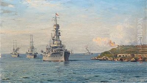 Warships At The Entrance To Helsinki Oil Painting by Christian Benjamin Olsen