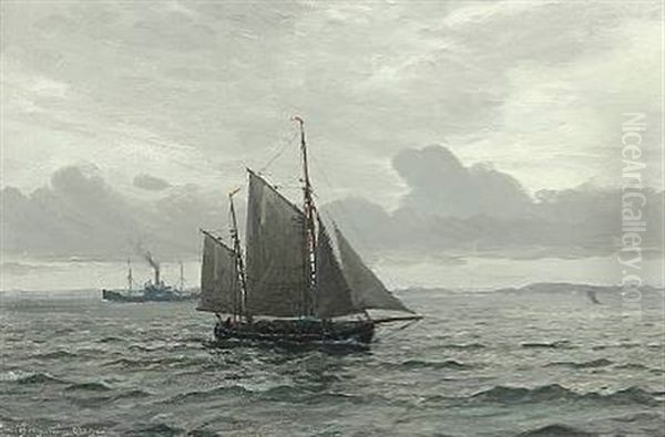 Ships At Sea In Grayish Weather Oil Painting by Christian Benjamin Olsen