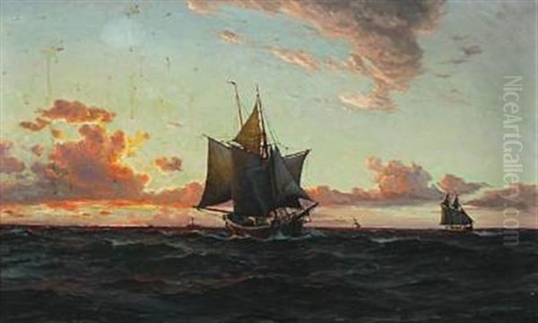 Sailboats And A Lightship In The Sunset Oil Painting by Christian Benjamin Olsen