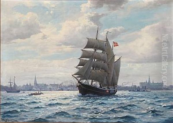 Seascape With Sailing Ships At Helsingor Harbour, Denmark Oil Painting by Christian Benjamin Olsen