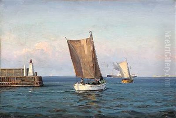 Seascape With Sailing Boats Heading For The Sea Oil Painting by Christian Benjamin Olsen