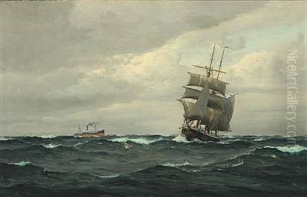 Seascape With Sailboats And Steamer In The Background Oil Painting by Christian Benjamin Olsen