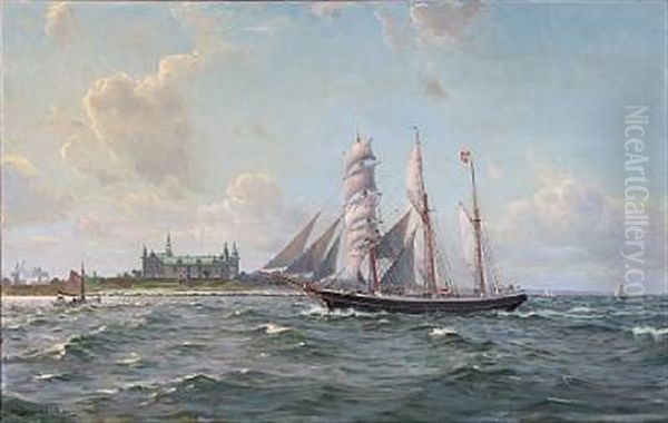 Summer Day With Sailing Ships Off The Coast Of Kronborg Castle In Denmark Oil Painting by Christian Benjamin Olsen