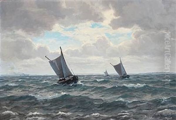 Seascape With Fishing Boats On Open Sea Oil Painting by Christian Benjamin Olsen