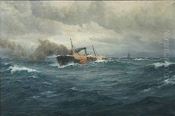 Marine With A Freighter In Heavy Sea Oil Painting by Christian Benjamin Olsen