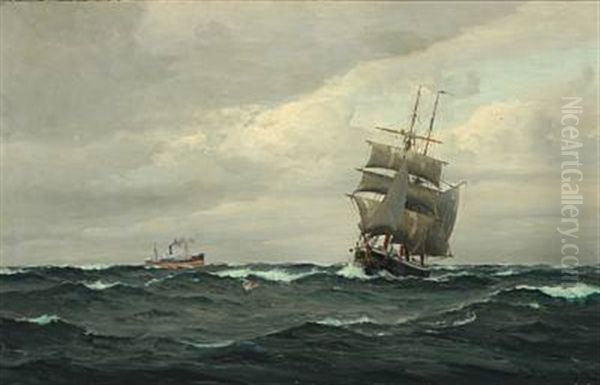 Seascape With Sailboats And Steamer In The Background Oil Painting by Christian Benjamin Olsen