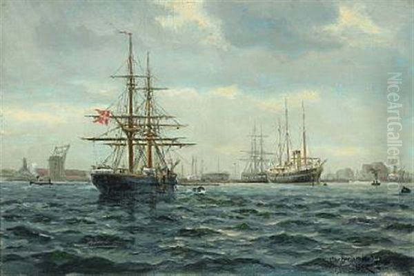 Several Larger And Smaller Ships In The Harbour Of Copenhagen Oil Painting by Christian Benjamin Olsen