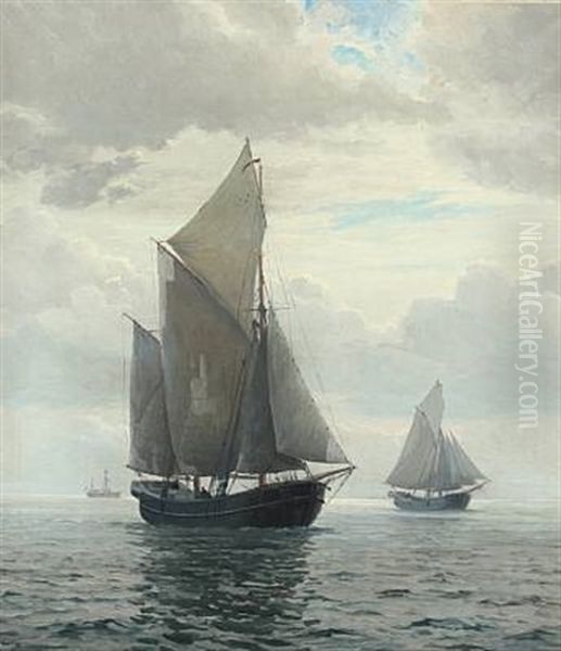 Two Ships In Calm Seas At A Lightship Oil Painting by Christian Benjamin Olsen