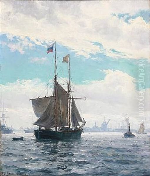 A Russian Sailing Ship At The Entrance To Copenhagen Harbour Oil Painting by Christian Benjamin Olsen