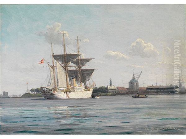 Grosser Segeldampfer Auf Ruhigem Wasser In Einem Danischen Hafen Oil Painting by Christian Benjamin Olsen