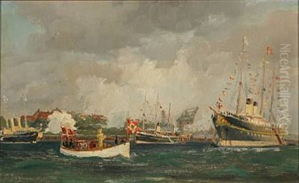 Scene From Copenhagen Harbour With Among Others The Russian Imperial Yacht Standard Oil Painting by Christian Benjamin Olsen