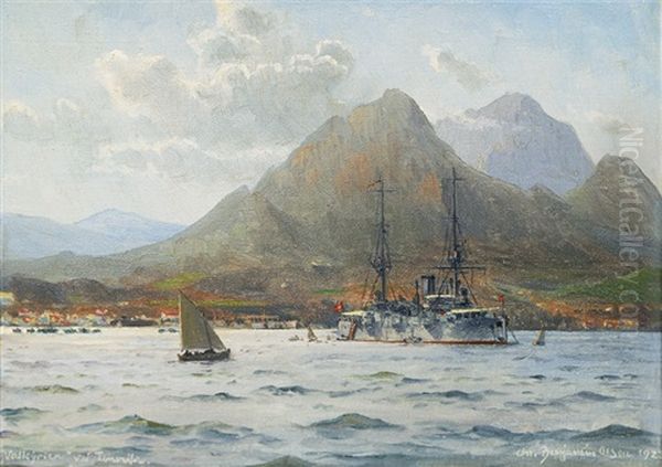 Danish Cruiser Valkyrien Anchoring At Tenerife On Board The Royal Couple by Christian Benjamin Olsen