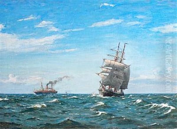 Ships In Open Sea Oil Painting by Christian Benjamin Olsen