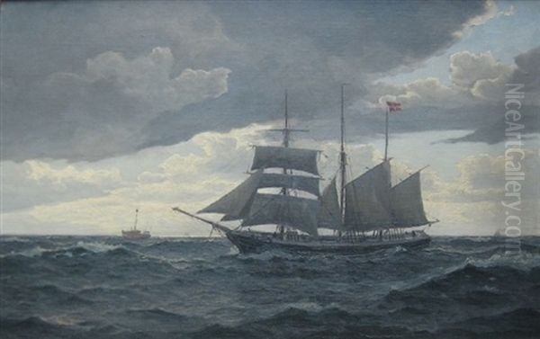 Marine Med Sejlskib Ved Skagen, I Baggrunden Fyrskibet "skagens Rev" Oil Painting by Christian Benjamin Olsen