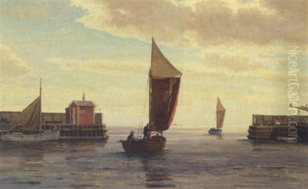 Fiskerbade Pa Vej Ud Af Havnen Oil Painting by Christian Benjamin Olsen