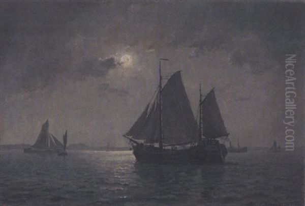 Auslaufende Fischerboote Vor Einer Kuste Im Mondschein Oil Painting by Christian Benjamin Olsen